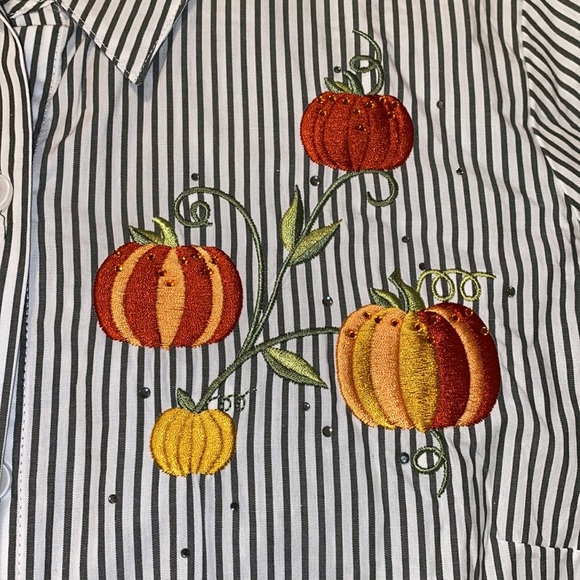 Fall Pumpkins Embroidered Sequins Button Down Top - Picture 10 of 16